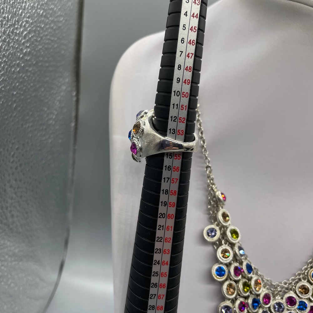 Multi Color Rhinestone Silver Tone Statement Jewelry Set Necklace Bracelet Ring - Picture 12 of 14